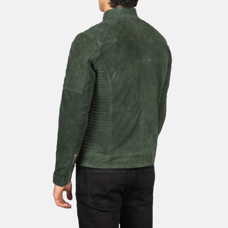 Mens Fernando Quilted Green Suede Biker Jacket Tilted Back-8-1634128707616